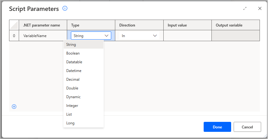 Exekutatu .NET script ekintzako Script Parameters leihoaren pantaila-argazkia, aldagai mota ezarriz