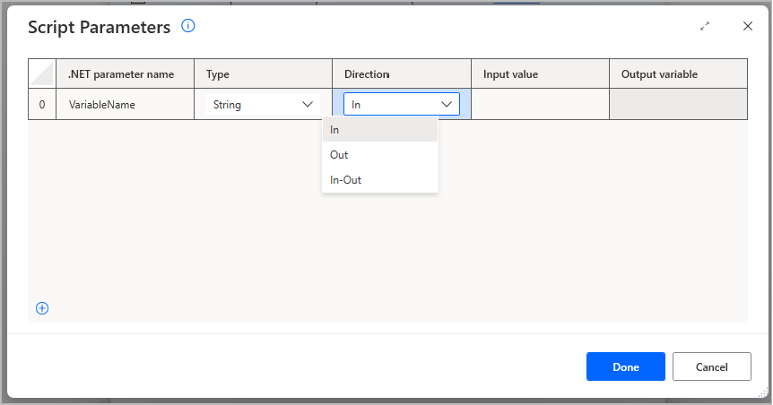 Exekutatu .NET script ekintzan Script Parameters leihoaren pantaila-argazkia, norabidea ezarriz