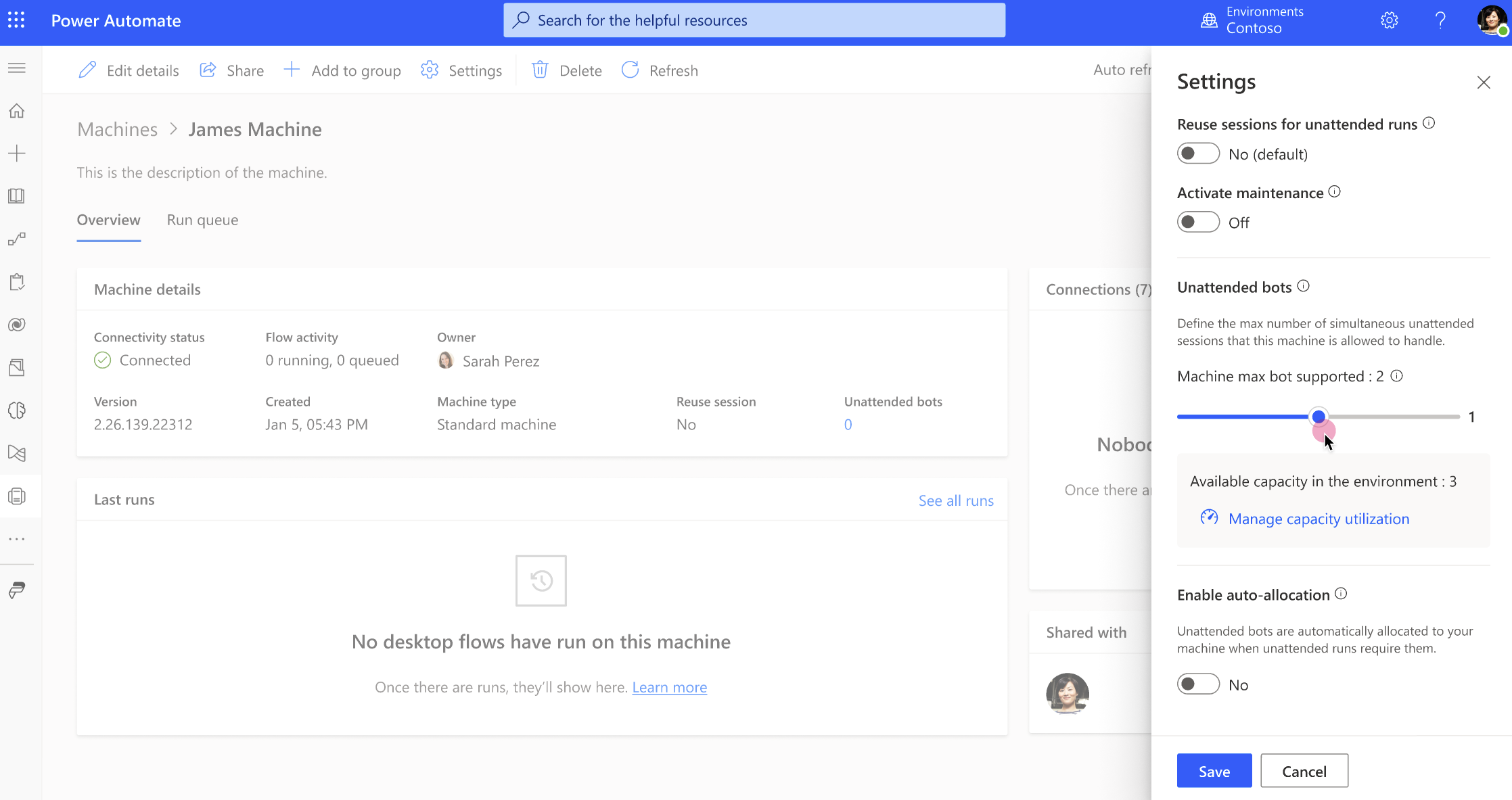 Makinaren orrialdearen ezarpenen pantaila-argazkia, bot zaindu gabe bat gehituta.