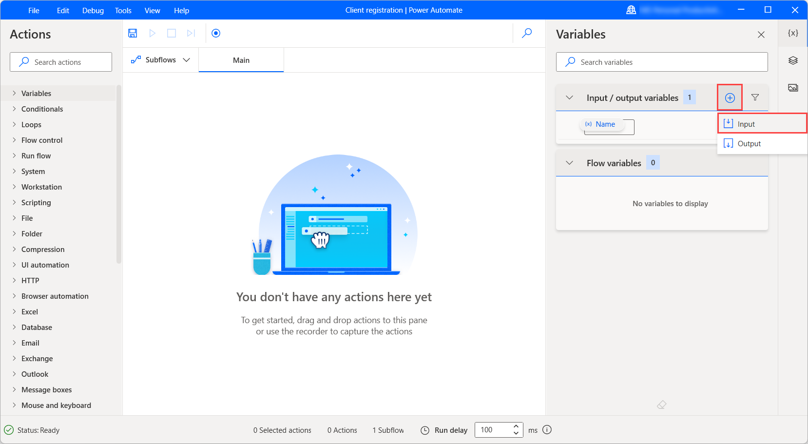 Sarrera-aldagai berri bat sortzen duen botoiaren pantaila-argazkia.