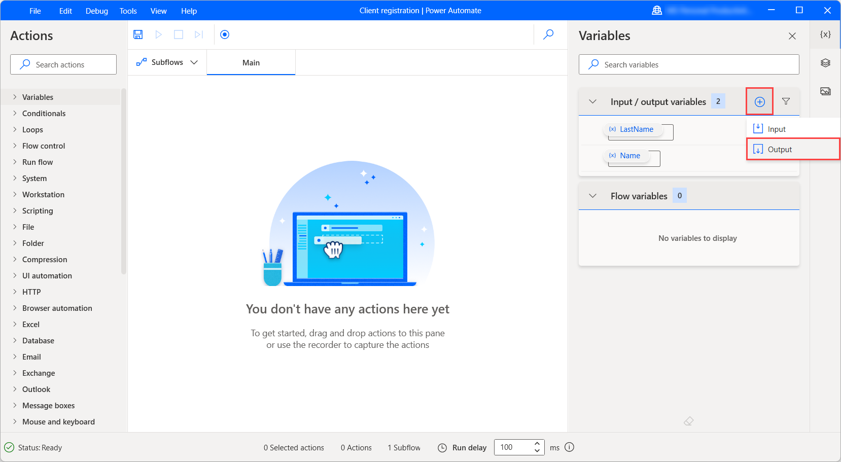 Irteera aldagai berri bat sortzen duen botoiaren pantaila-argazkia.