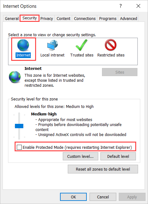 Segurtasun fitxaren pantaila-argazkia Internet Explorer aukeretan.