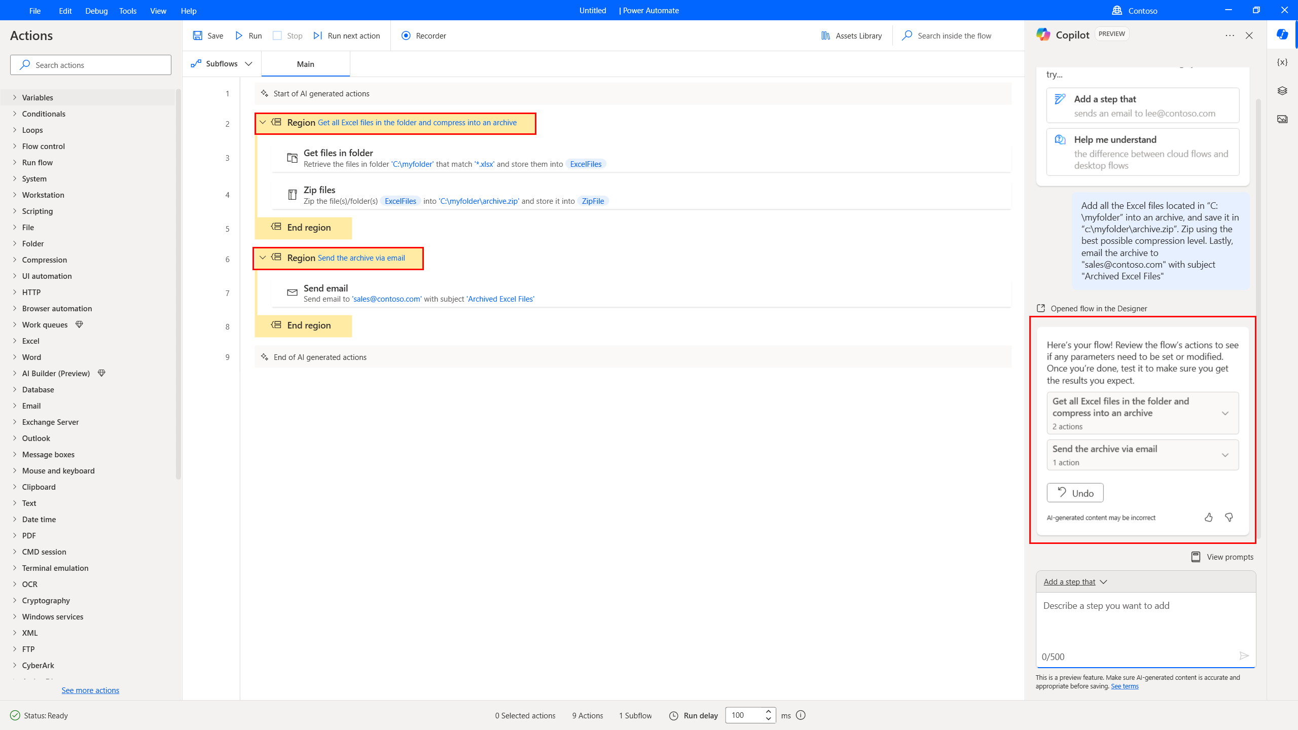 Copilot-ek sortutako ekintzekin irekitako diseinatzailea erakusten duen pantaila-argazkia.