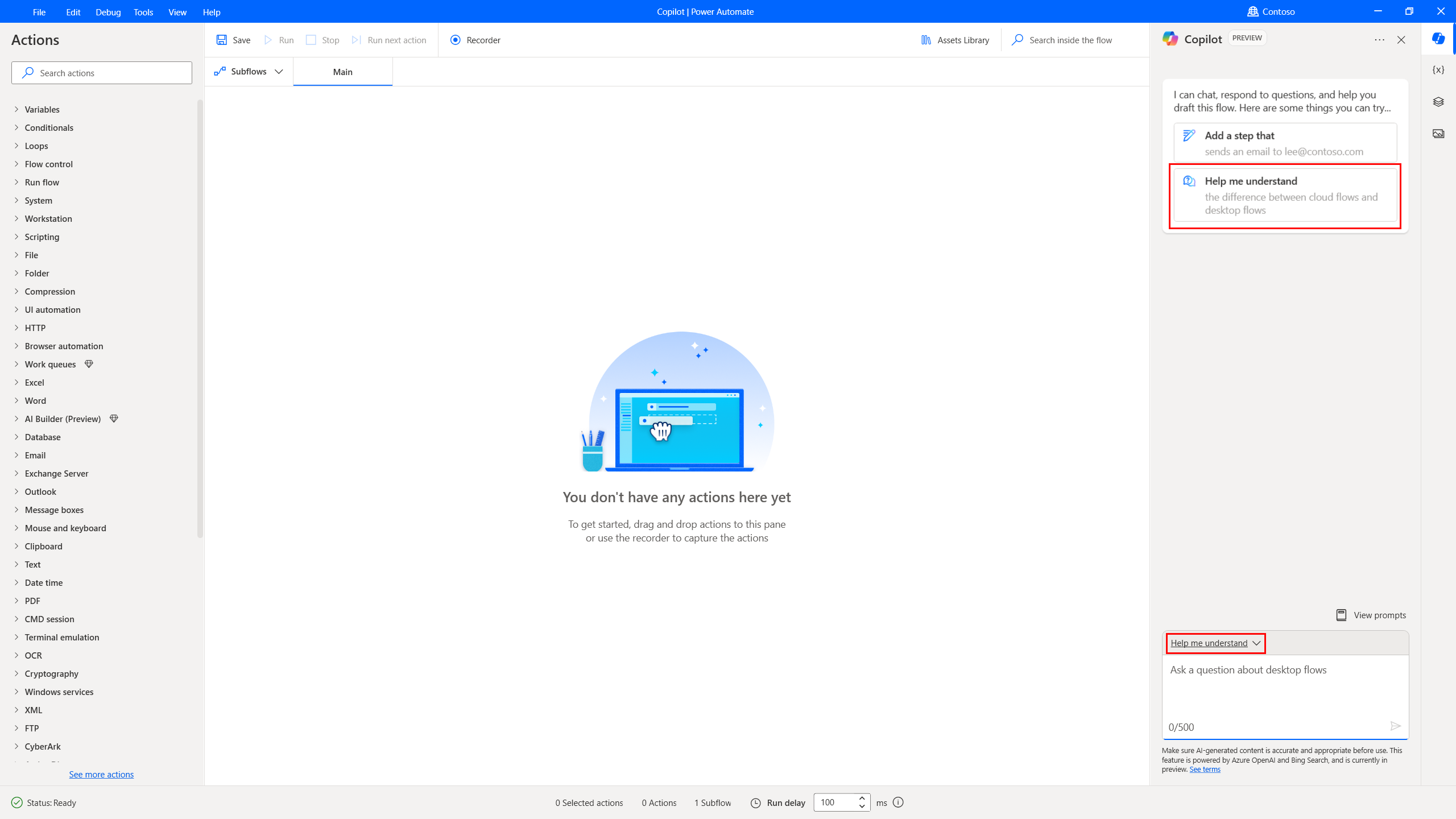 Diseinatzailearen Copilot paneleko erantzun generatiboen botoia eta hautatzailea erakusten duten pantaila-argazkia