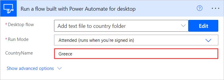 Mahaigaineko ekintzarako  Power Automate -rekin eraikitako Run a flow-eko sarrera-aldagaien pantaila-argazkia.