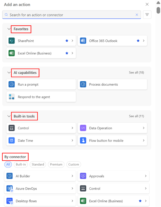 'Ekintza bat gehitu' panelaren pantaila-argazkia.