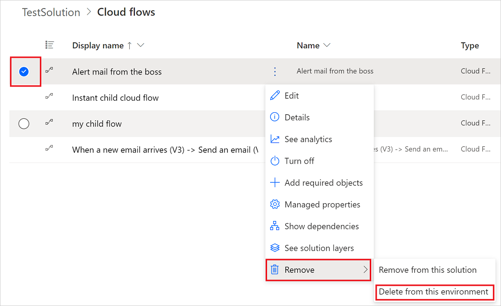 Ingurune batetik fluxu bat ezabatzeko aukera nabarmenduta erakusten duen pantaila-argazkia.