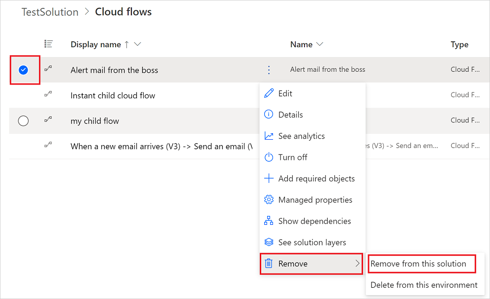Soluzio batetik fluxu bat kentzeko aukera nabarmenduta erakusten duen pantaila-argazkia.