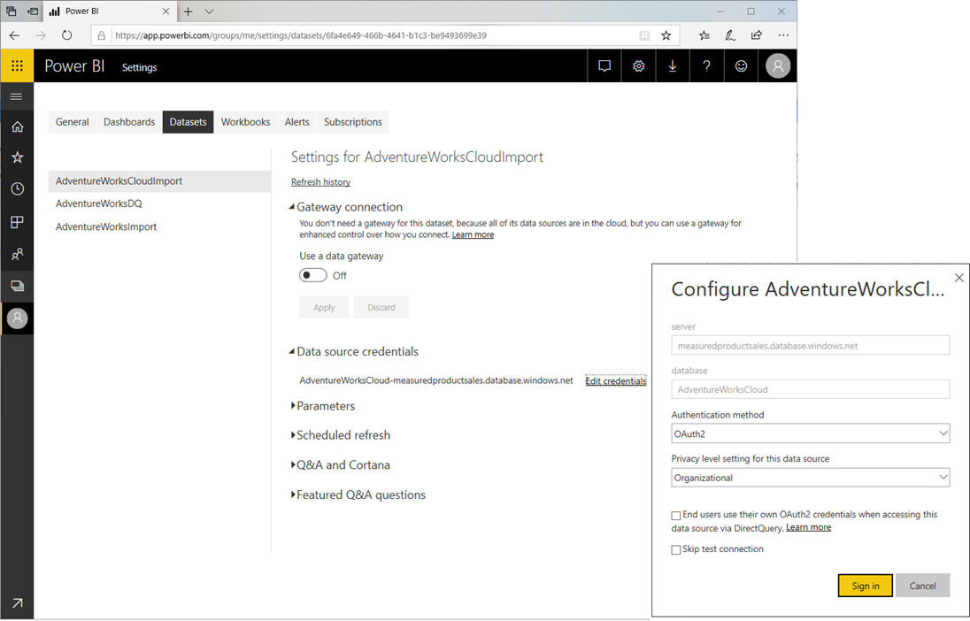 Configuración de las credenciales del origen de datos sin una puerta de enlace