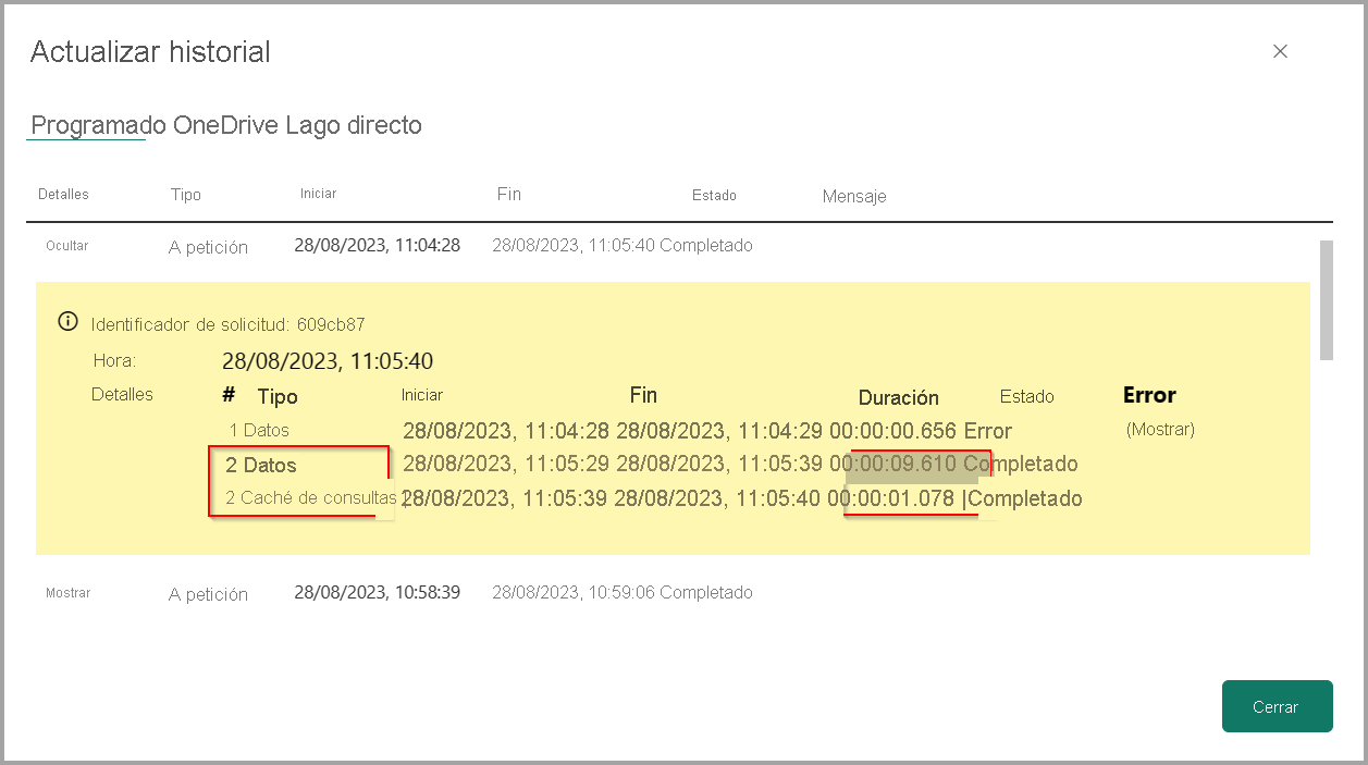 Captura de pantalla del historial de actualizaciones con operaciones de actualización separadas.