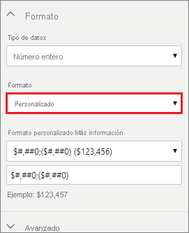 Captura de pantalla del menú Formato resaltado Personalizado.