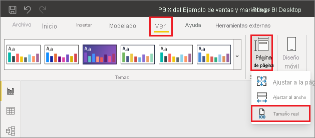 Captura de pantalla del desplegable de vista de página para mostrar el tamaño real y facilitar la creación de tooltips.