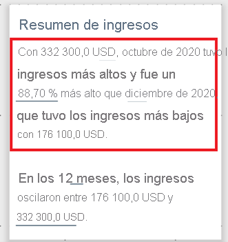 Captura de pantalla del resumen narrativo inteligente.