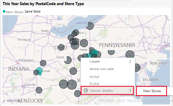 Captura de pantalla del menú contextual de una burbuja con la opción de perforación de datos.