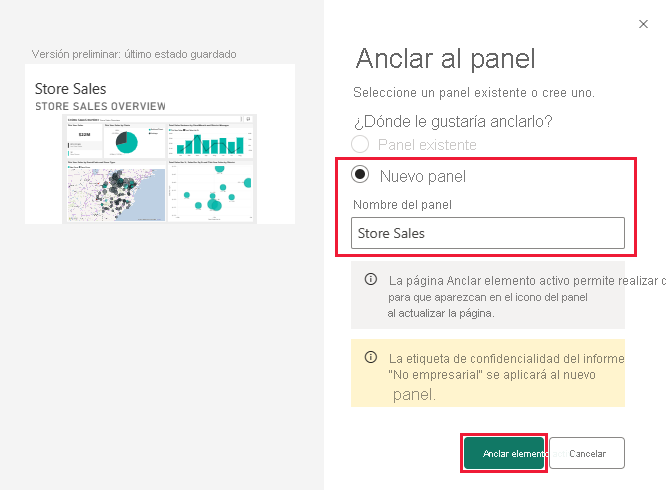 Captura de pantalla que muestra el cuadro de diálogo Anclar al panel para agregarlo a un nuevo panel.