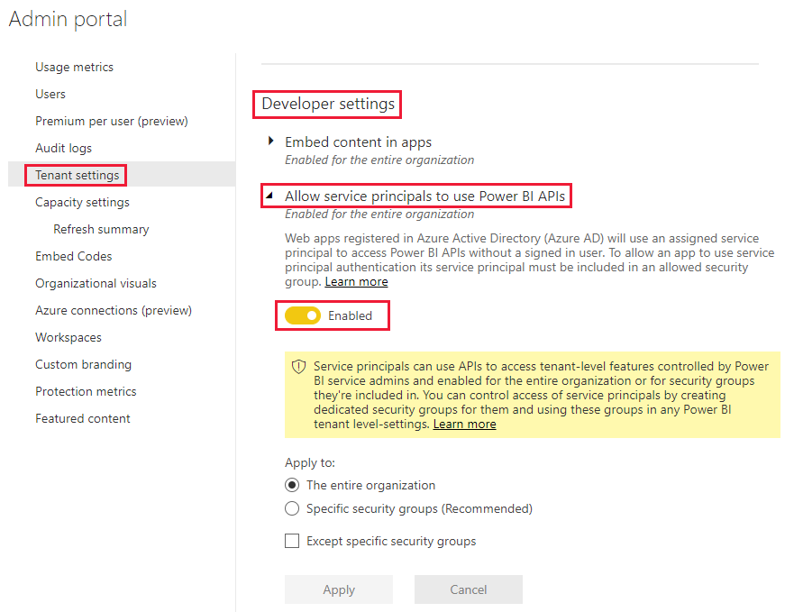 Captura de pantalla en la que se muestra cómo habilitar la opción de configuración de desarrollador en la opción de menú de configuración de inquilinos del servicio Power&nbsp;BI.