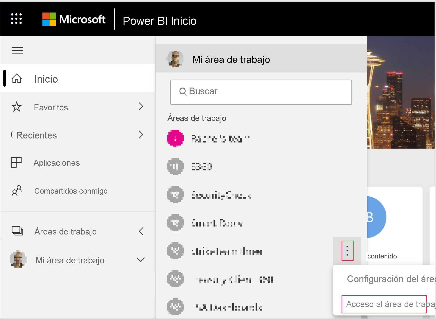 Captura de pantalla en la que se muestra el botón de acceso al área de trabajo en el menú Más de un área de trabajo de Power&nbsp;BI.