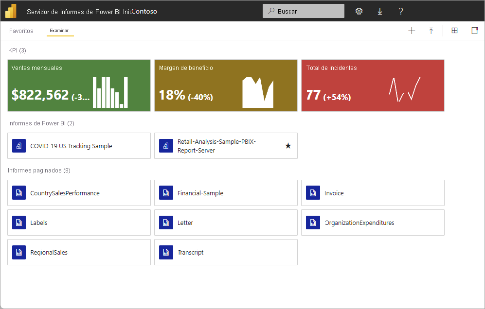 Captura de pantalla del portal web de Power BI Report Server.