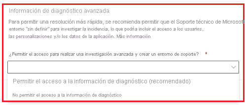 Captura de pantalla de una solicitud de soporte técnico con opciones de consentimiento para acceder a la información de diagnóstico.