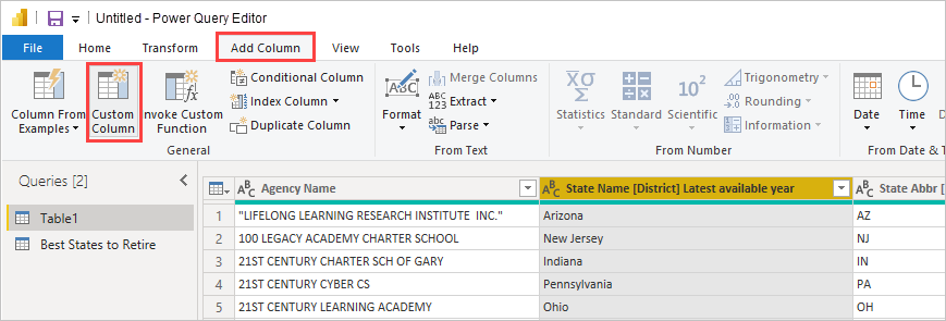 Screenshot of the Power Query Editor highlighting the Custom Column button on the Add Column tab.