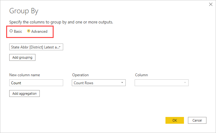 Screenshot shows the Group By dialog box with the Basic and Advanced options highlighted.