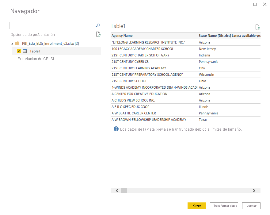 Screenshot of the Navigator dialog box with Table 1 chosen to load.