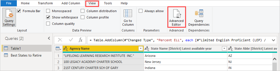 Screenshot of Power Query Editor highlighting the Advanced Editor button on the View tab.