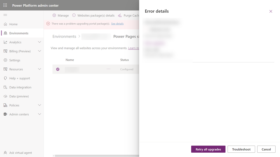 Eguneratze-errorearen xehetasunak erakusten dituen orria.