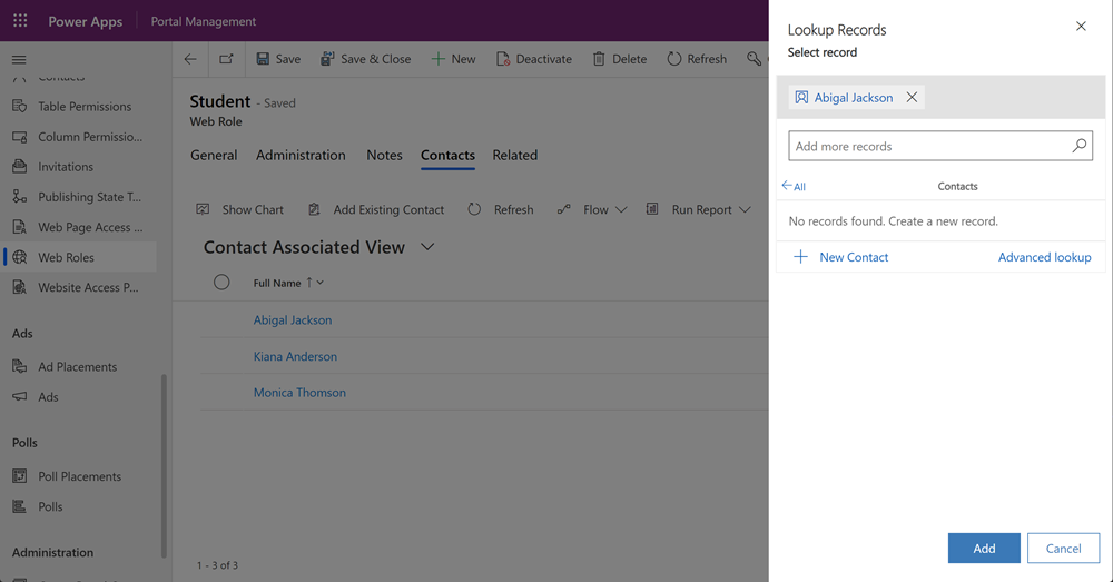 Gehitu kontaktuak web rolari.