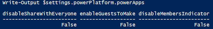 $settings.powerPlatform.PowerApps objektuko hiru banderaren pantaila-argazkia.