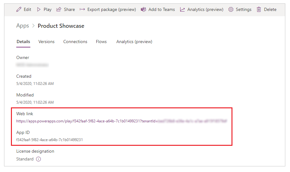 Aplikazioaren xehetasunak web-esteka eta aplikazioaren IDarekin.