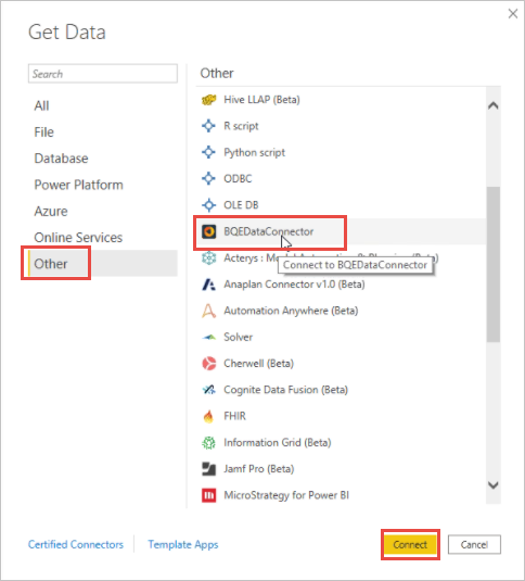 Captura de pantalla del cuadro de diálogo Obtener datos con el conector BQE resaltado.