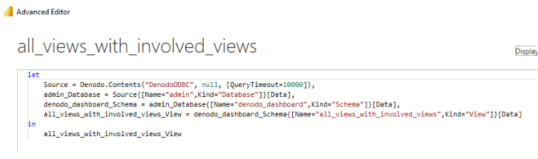 Captura de pantalla del editor avanzado que muestra cómo usar el parámetro QueryTimeout.