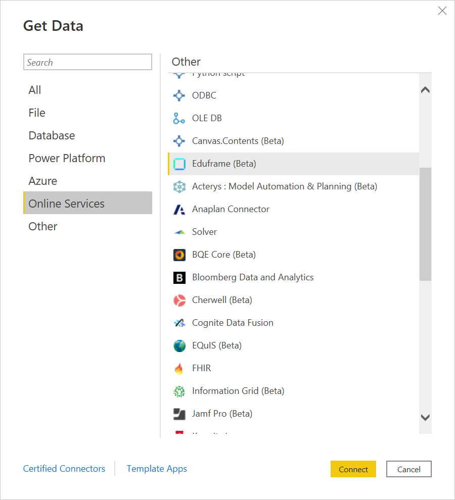 Captura de pantalla del cuadro de diálogo Obtener datos con la categoría Online Services seleccionada y el conector Eduframe resaltado.