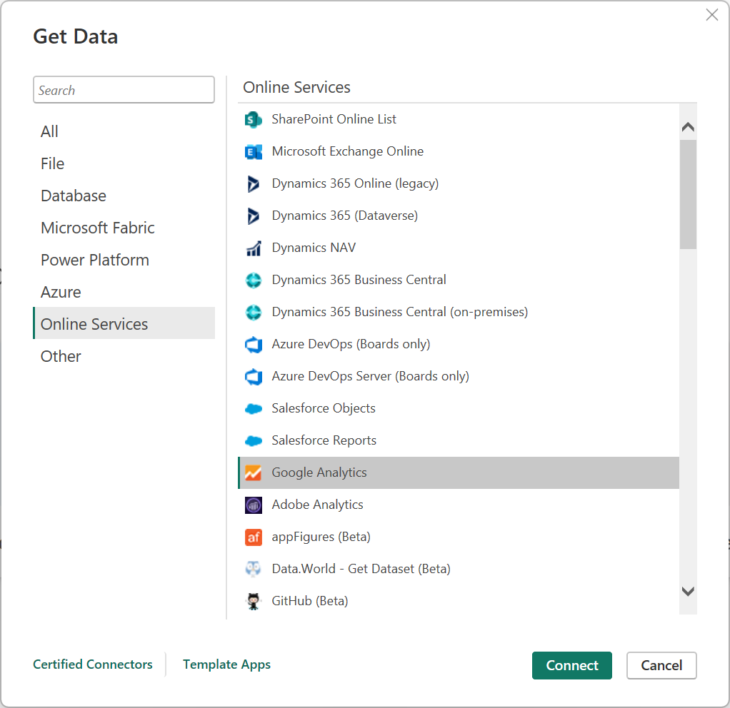 Captura de pantalla del cuadro de diálogo Obtener datos de escritorio de Google Analytics.