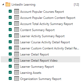 Captura de pantalla de las tablas de datos de LinkedIn Learning que están disponibles para cargarse en Power BI.