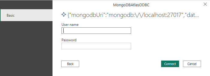 Captura de pantalla del cuadro de diálogo de autenticación de Atlas SQL de MongoDB donde se escriben las credenciales.