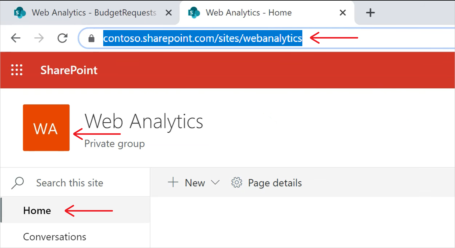 Captura de pantalla que muestra las ubicaciones de Inicio en el panel de navegación de SharePoint, el icono de la parte superior del sitio y la dirección URL resultante.