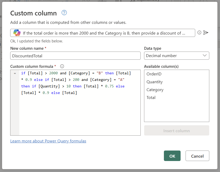 Captura de pantalla de la experiencia de Copilot para convertir lenguaje natural en fórmula de columna personalizada en el cuadro de diálogo Agregar columna personalizada de Power Query.