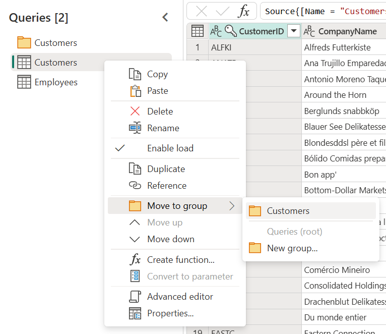 Captura de pantalla del menú contextual del panel Consultas que muestra cómo trabajar con grupos en Power Query.