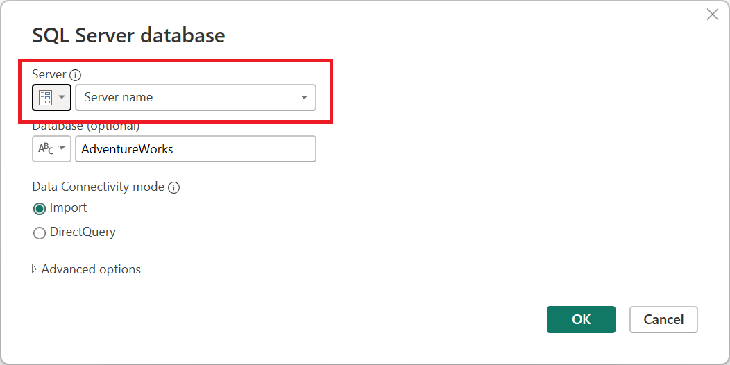 Captura de pantalla del cuadro de diálogo de base de datos de SQL Server con un conjunto de parámetros para el nombre del servidor.