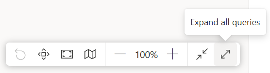 Captura de pantalla que muestra un botón y una información sobre herramientas para expandir todas las consultas en la parte inferior derecha de la vista de diagrama.