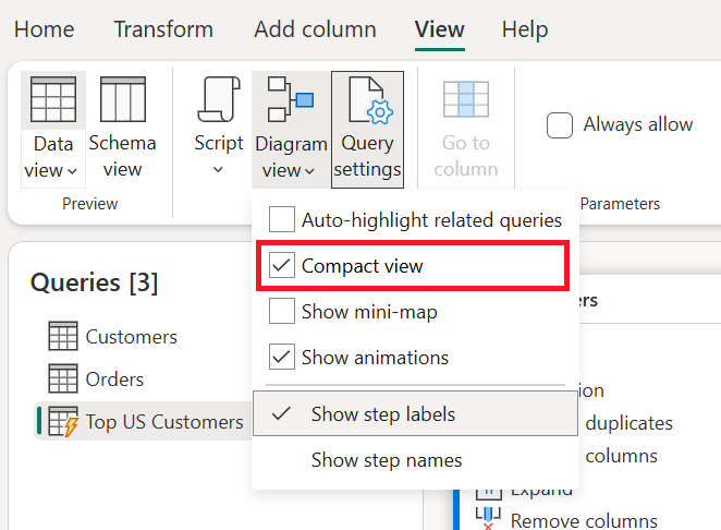 Configuración de la vista del diagrama con la selección de la vista compacta en un recuadro rojo.