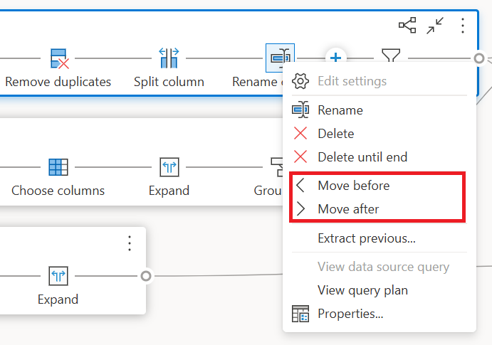 Captura de pantalla de las opciones Move before y Move after dentro del menú contextual a nivel de paso tras hacer clic con el botón derecho en un paso.