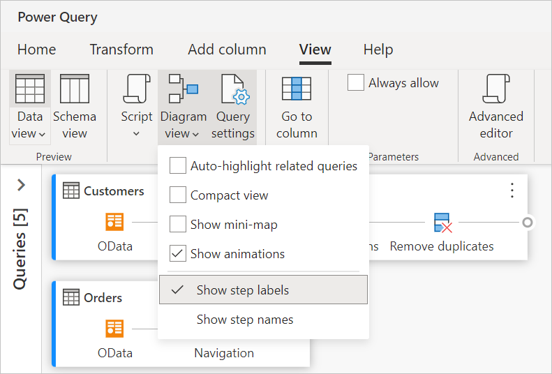 La captura de pantalla muestra la configuración de la vista de diagrama después de abrirla desde el botón Vista de diagrama de la cinta de opciones Ver.