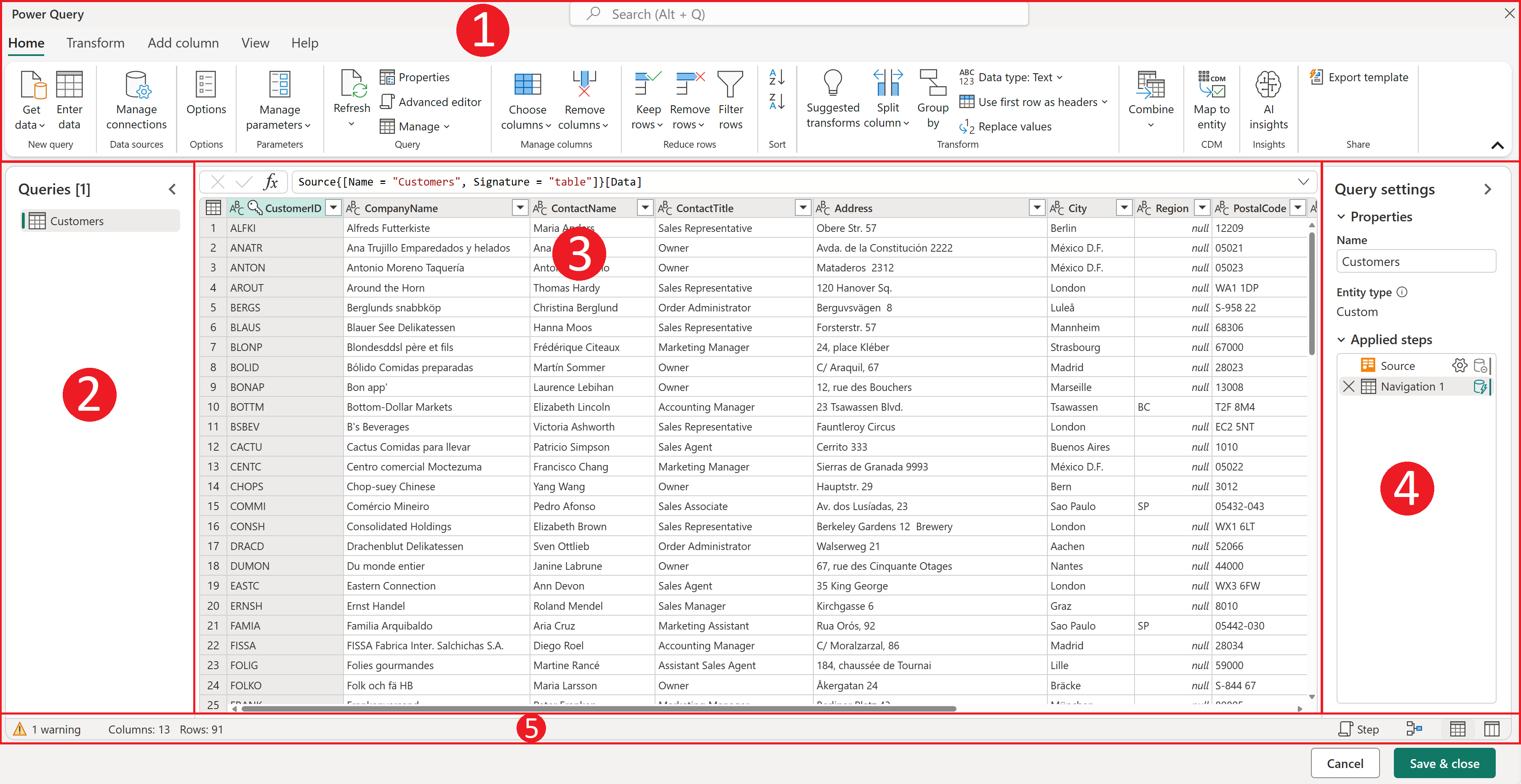 Screenshot of the Power Query user interface with each component outlined and numbered.