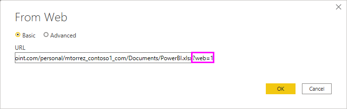 Captura de pantalla del cuadro de diálogo Desde web, en la que se muestra cómo quitar una cadena del campo URL.
