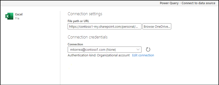 Captura de pantalla de la ventana de configuración de conexión con la dirección URL del archivo seleccionado hospedado en OneDrive para trabajo o escuela.