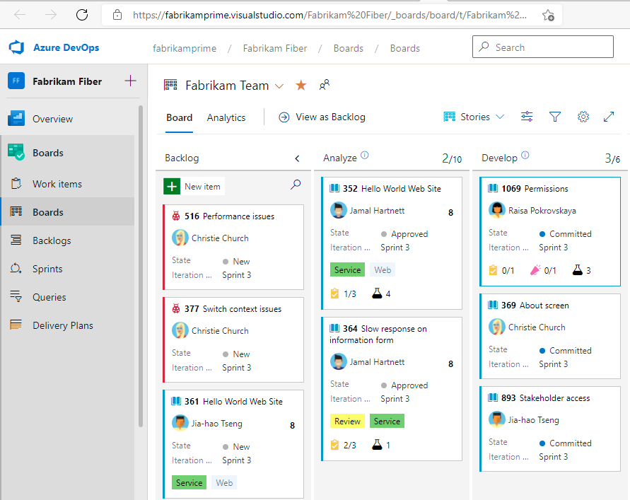 Screenshot of Azure Boards Hub Pages, Kanban Board