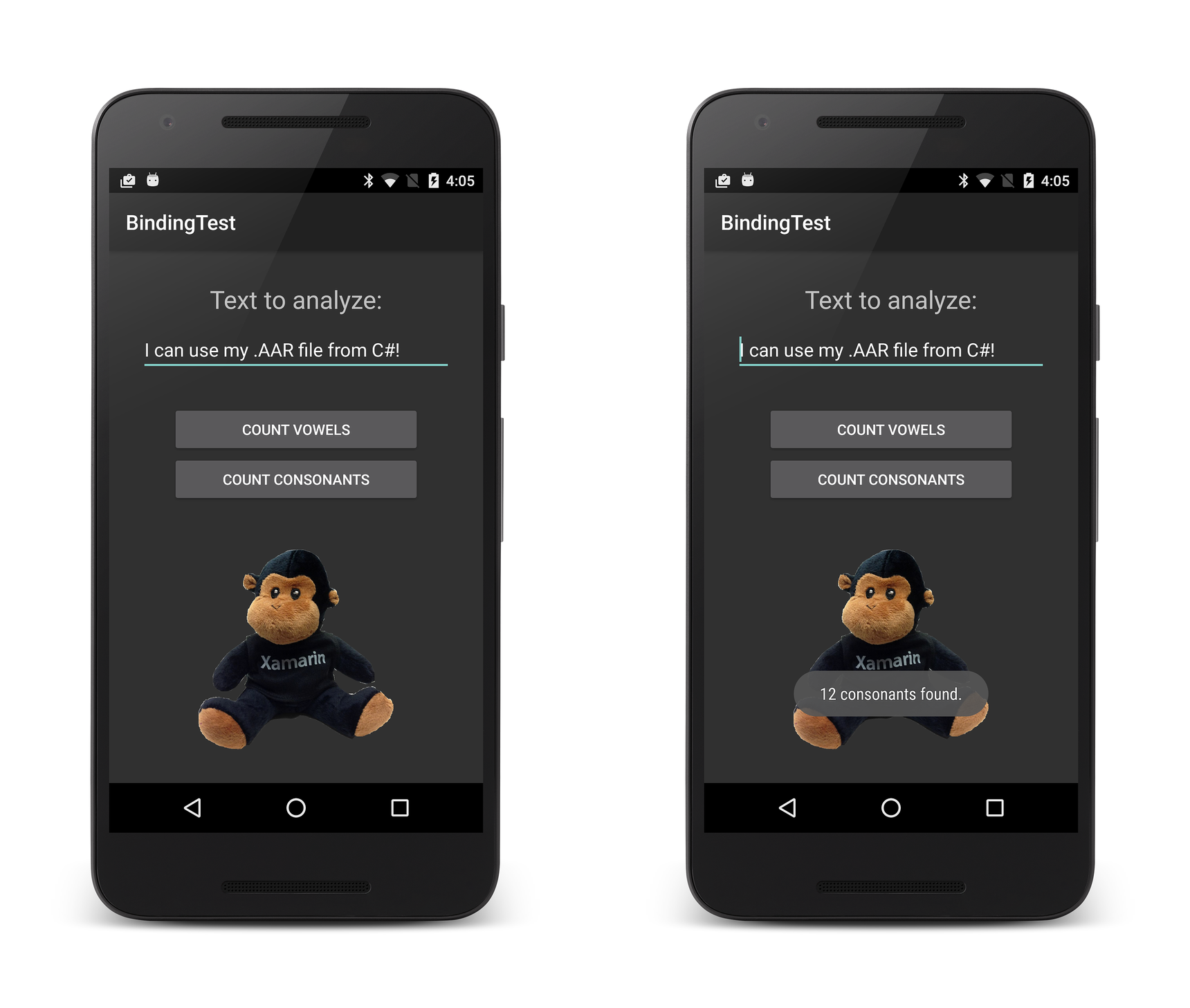 BindingTest muestra el número de consonantes
